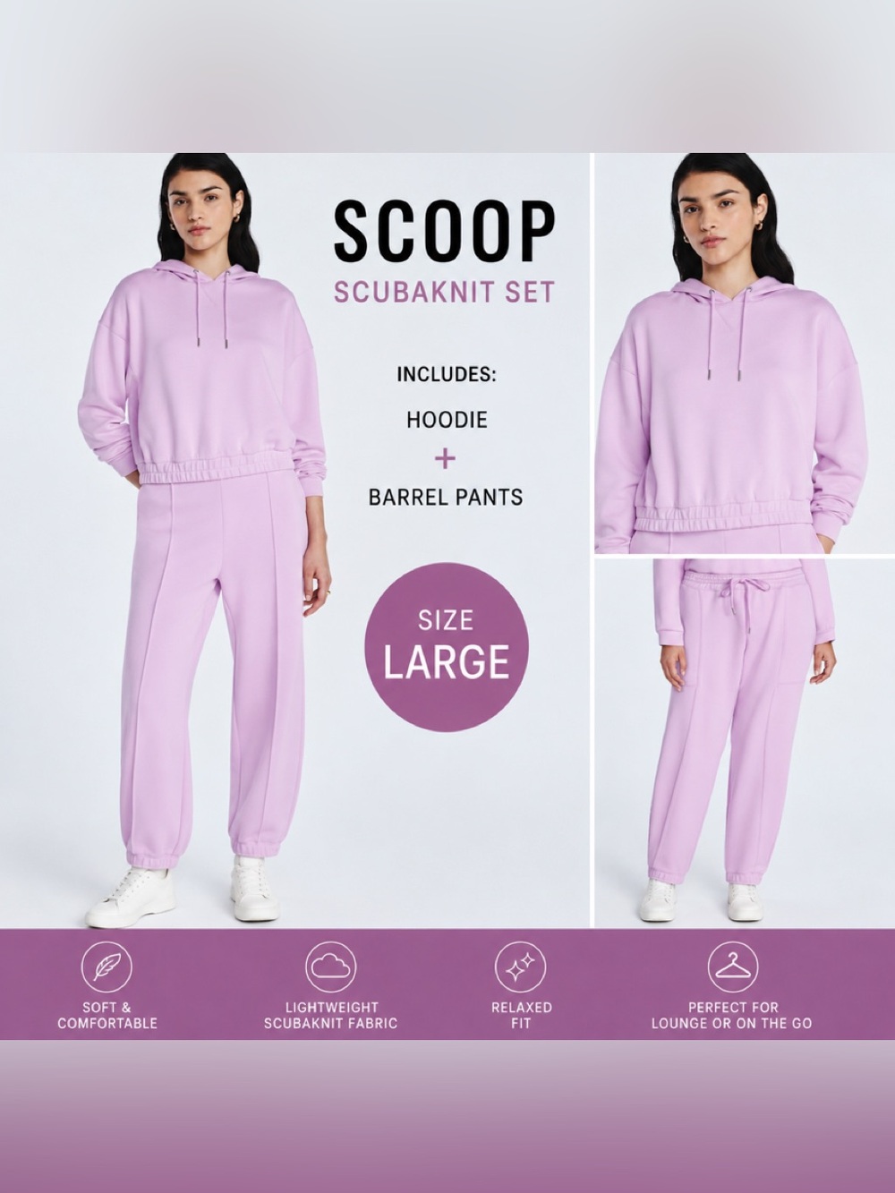 NWT SCOOP Scubaknit Hoodie & Barrel Pants Set - Lavender size Large